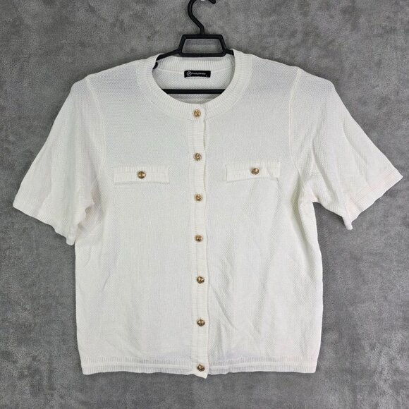 Womens White Pretty Garden Shirt Button Down Short Sleeve Viscose Blend Size L - Picture 2 of 8